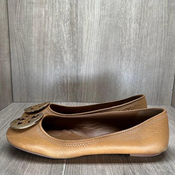 Tory Burch Reva Ballet Flats Womens 8.5M Gold Logo Slip On Pebbled Leather Brown - Picture 2 of 13